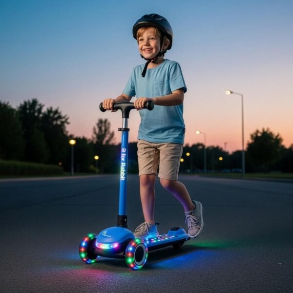 R for Rabbit Road Runner Jazz Foldable Kick Scooter for Kids with Music and Lights, 4 Level Adjustable Height, PU LED Wheels | Skate Scooter for 3+ Years Boys & Girls, Up to 75kg Weight