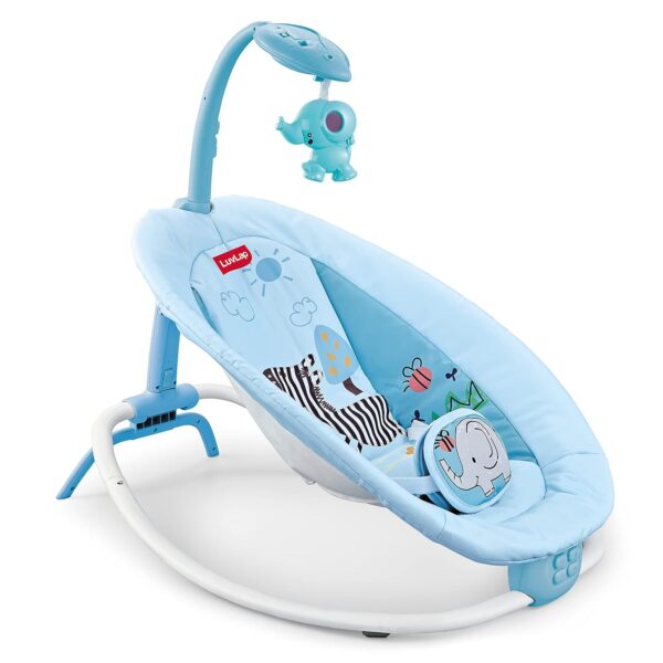 LuvLap Joy-N-Giggles Baby Rocker for Infants Mild Soothing Vibration, Music with Low Volume (Preset Music), 360° Rotating Toy Bar, 3-Point Safety Harness, Remote Control
